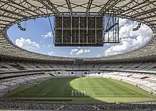 Stadium interior, photographed from behind one of the goals