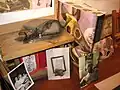 Desk arrangement with self-portrait and two portraits of Linda Janakos, by Doren Robbins