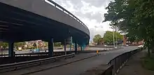 View of the underside of the Moat Street flyover, roundabout and car park