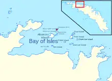 Map highlighting Mollyhawk Island in red, amongst the Bay of Isles