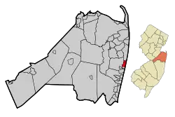 Location of Deal in Monmouth County highlighted in red (left). Inset map: Location of Monmouth County in New Jersey highlighted in orange (right).