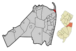 Location of Highlands in Monmouth County highlighted in red (left). Inset map: Location of Monmouth County in New Jersey highlighted in orange (right).