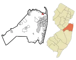 Location of Navesink in Monmouth County highlighted in red (left). Inset map: Location of Monmouth County in New Jersey highlighted in orange (right).