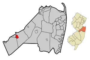 Map of Roosevelt in Monmouth County. Inset: Location of Monmouth County highlighted in the State of New Jersey.