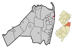 Map of Sea Bright in Monmouth County. Inset: Location of Monmouth County highlighted in the State of New Jersey.