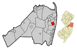 Location of West Long Branch in Monmouth County highlighted in red (left). Inset map: Location of Monmouth County in New Jersey highlighted in orange (right).