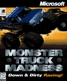 A race between two monster trucks, Bigfoot and Snake Bite, is depicted within a background of sepia-toned sky and dirt. The silver metallic Monster Truck Madness logo (with bolts surrounding the left and right sides of "Truck") and the slogan "Down & Dirty Racing!" ("Racing!" in orange) is in the bottom half of the cover art, accompanied by the Entertainment Software Rating Board's (ESRB) Kids to Adults (K-A) rating. The "Designed for Microsoft Windows 95" and "CD-ROM" logos are depicted alongside the text "Requires Windows 95" in the top-left portion, and the Microsoft logo is at the top-right corner.