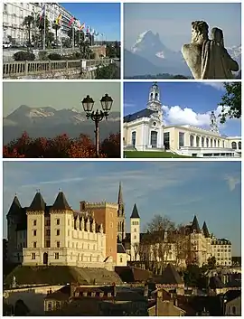 From top, left to right: the Boulevard des Pyrénées and the Pic du Midi d'Ossau; Pic du Midi de Bigorre and Palais Beaumont; Château de Pau