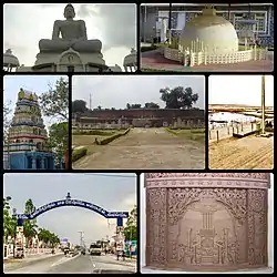 Clockwise from top left: Dhyana Buddha statue, Replica of Mahachaitya, Amareswara Ghat, Mahachaitya Relief, Amaravathi Main Road, Amareswara Temple, Mahachaitya Ruins