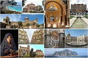 Top, left to right: Mondello; Teatro Massimo; Cappella Palatina; Zisa; and Cathedral. Bottom, left to right: Virgin Annunciate of Antonello da Messina; Quattro Canti in Maqueda Street; Churches of Martorana and San Cataldo; Interior of Santa Caterina Church; and Pretoria Square and Mount Pellegrino.