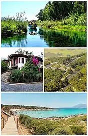 Clockwise: Azmak Creek, Sakar Pass, Sedir Island & Cleopatra Beach, Traditional houses in Akyaka