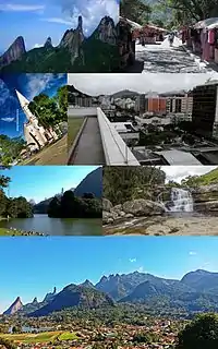 Top left:Dedo de Deus in Serra dos Órgãos National Park, Top right:A view of Feirinha do Alto area, Second left:Matriz de Santa Teresa church in Baltasar Square, Second right:Agrioes downtown area,Third left:Lago Comary (Comary Lake),Third right:Cachoeira dos Friars Natural Park, Bottom:A view of Carlos Guinle area