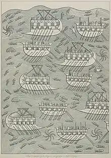 A group of stylized ships propelled by oars, half of them with pointed bows and half with rounded bows in a sea full of fish and other sea creatures