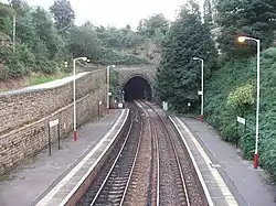 A station, with double-tracks and two side platforms, located in a cutting with an reinforcing stone wall on the left. Just beyond the station is an inverted-U-shaped tunnel portal.