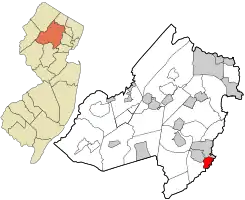 Location of Chatham (borough) in Morris County highlighted in red (right). Inset map: Location of Morris County in New Jersey highlighted in orange (left).