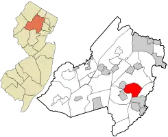 Location of Hanover Township in Morris County highlighted in red (right). Inset map: Location of Morris County in New Jersey highlighted in orange (left).