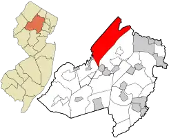 Location of Jefferson Township in Morris County highlighted in red (right). Inset map: Location of Morris County in New Jersey highlighted in orange (left).