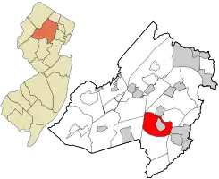 Location of Morris Township in Morris County highlighted in red (right). Inset map: Location of Morris County in New Jersey highlighted in orange (left).