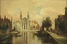 The Leprozengracht (Lepers' canal, since filled in) and in the background the Mozes en Aäronkerk, in the heart of the Jodenbuurt. Painting by  J. Lamers from 1895, copied from an original work by Cornelis Christiaan Dommershuizen (1842-1928).