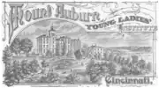 The cover of a catalog for the Mount Auburn Young Ladies Institute. The landscape of historic Mount Auburn is visible.