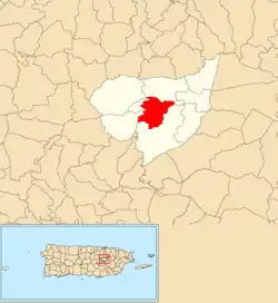 Location of Mula within the municipality of Aguas Buenas shown in red