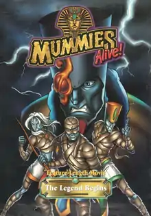 There are four Mummies looking at the viewer. The main focus is aimed toward a Mummy with a long circular prism-shaped head, named Arakh, who has his left eye covered up with a charm. The other three Mummies, from left to right - Nefer-Tina, Ja-Kal and Rath, are standing in battle-ready positions. The show's logo appears above, while the movie's name appears in a box with "Feature-length Movie" above in Times New Roman font.