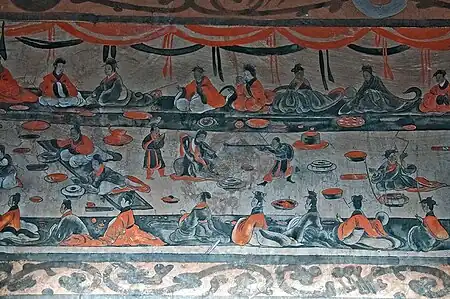 A late Eastern Han Chinese tomb mural showing lively scenes of a banquet, dance and music, acrobatics, and wrestling, from the Dahuting Han Tomb in Henan, China