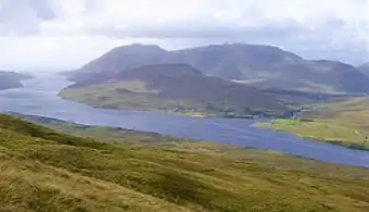 Mweelrea massif as viewed from Leenaun Hill, with Mweelrea (back left), Ben Lugmore (back, right) and Teevnabinnia (centre, front)