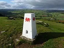 The Welsh Dragon on a trig point at Twyn y Gaer hill fort, Mynydd Illtud.