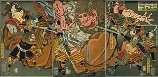 An ukiyo-e by Yoshitoshi depicting Minamoto no Yorimitsu's retainers, Watanabe no Tsuna, Urabe no Suetake, Usui Sadamitsu, and Sakata no Kintoki and aristocrat Fujiwara no Yasumasa fighting Shuten-dōji on Ōeyama.