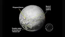 First signs of features on Pluto(annotated; 10 July 2015).