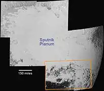 Sputnik Planitia – Hillary Montes and Tenzing Montes are boxed(context; 14 July 2015).