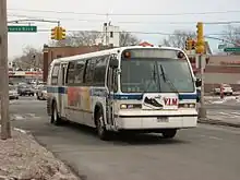 A bus in Q46 service on a narrow road