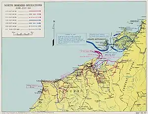 Map of the Brunei Bay area marked with coloured arrows and dates showing the movements of the main units involved in the Battle of North Borneo, including those described in this article