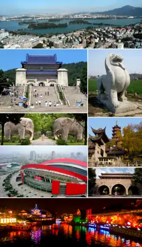 Clockwise from top: 1. the city, Xuanwu Lake and Purple Mountain; 2. stone sculpture "bixie"; 3. Jiming Temple; 4. Yijiang Gate with the City Wall of Nanjing; 5. Qinhuai River and Fuzi Miao; 6. Nanjing Olympic Sports Center; 7. the spirit way of Ming Xiaoling; 8. Sun Yat-sen Mausoleum