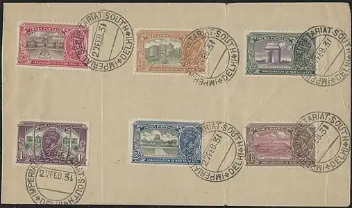 A second-day cancellation of the stamps issued in February 1931 to commemorate the inauguration of New Delhi as the capital of the British Indian Empire. Between 1858 and 1911, Calcutta had been the capital of the Raj