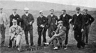 Old Tom Morris (seated far left) on 11 October 1894 at the New Luffness Competition.