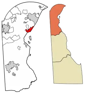 Location of New Castle in New Castle County, Delaware (left) and of New Castle County in Delaware (right)