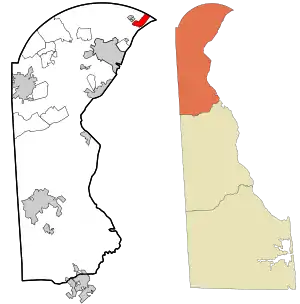 Location of Claymont in New Castle County, Delaware (left) and of New Castle County in Delaware (right)