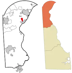 Location in New Castle County and the state of Delaware.