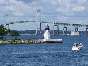 Newport Harbor Light (1842) on northern tip of Goat Island as seen from The Point