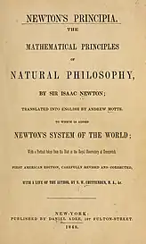 Title page to a 1848 copy of The Mathematical Principles of Natural Philosophy, translated into English by Andrew Motte