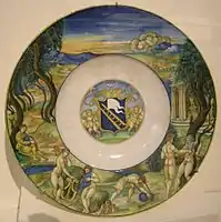 Italian maiolica dish by Nicola da Urbino, c. 1525, with story of Marsyas.