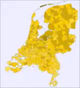 Map of the Netherlands with the municipalities in different shades of yellow