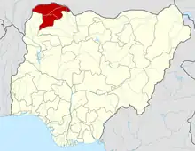 The Diocese of Sokoto includes all of Sokoto State (shown here in red) as well as portions of neighboring states of Zamfara, Kebbi and Katsina.