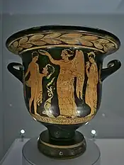 Nike crowning a young man, red-figure krater from Apulia.