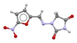 Ball-and-stick model of the nitrofurantoin molecule