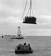 Sea port 1900s. Tramway with passengers and lighter with freight