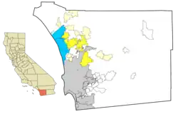 North County cities (blue and yellow) and census-designated places (pale blue and cream). Certain neighborhoods in northern San Diego may also be considered part of North County.