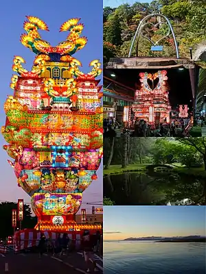 Left:Chikazue lantern float on Noshiro Tanabata Festiwal on every August, Right:Kimiichi Heartfull Bell, Another float at Noshiro Tanabata Festival, A pond in Window of Matsubara, A sunset view of Mount Range of Shirakami and Yoneshiro River.(above to bottom)